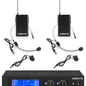 Vonyx WM522B Micro Inalambrico 2 Canales VHF 2 micro aro y 2 micrófonos de solapa